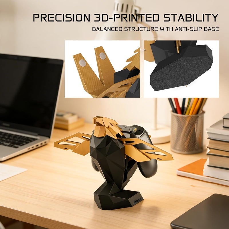 Micscrew Controller Holder for Xbox/PS/Switch – Celebrity Black & Gold Eagle Stand, Auto-Spreading Wings, Dual Placement, Scratch-Free Curved Tail Design - Image 4